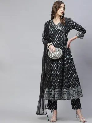 Black Anarkali Kurta Pant Set With Net Dupatta