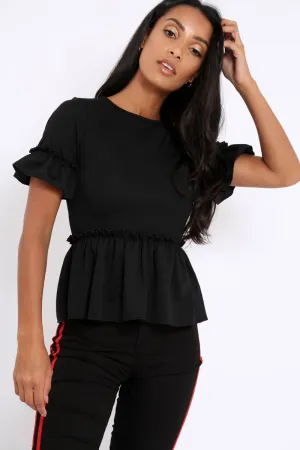 Black Peplum Frill Detail Top with Frill Sleeves - Gretta