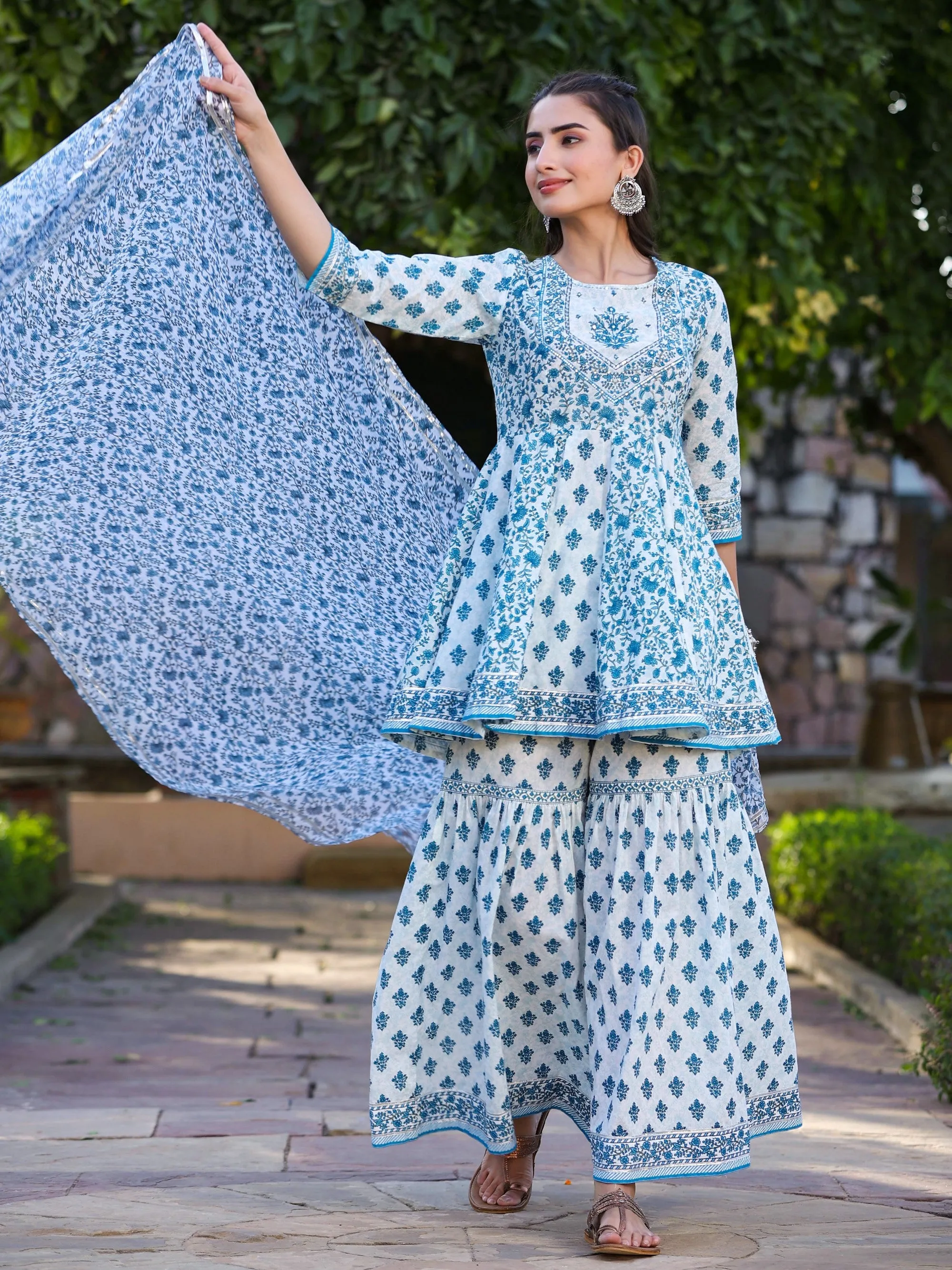 Blue Cambric Printed  Flared Kurta Sets