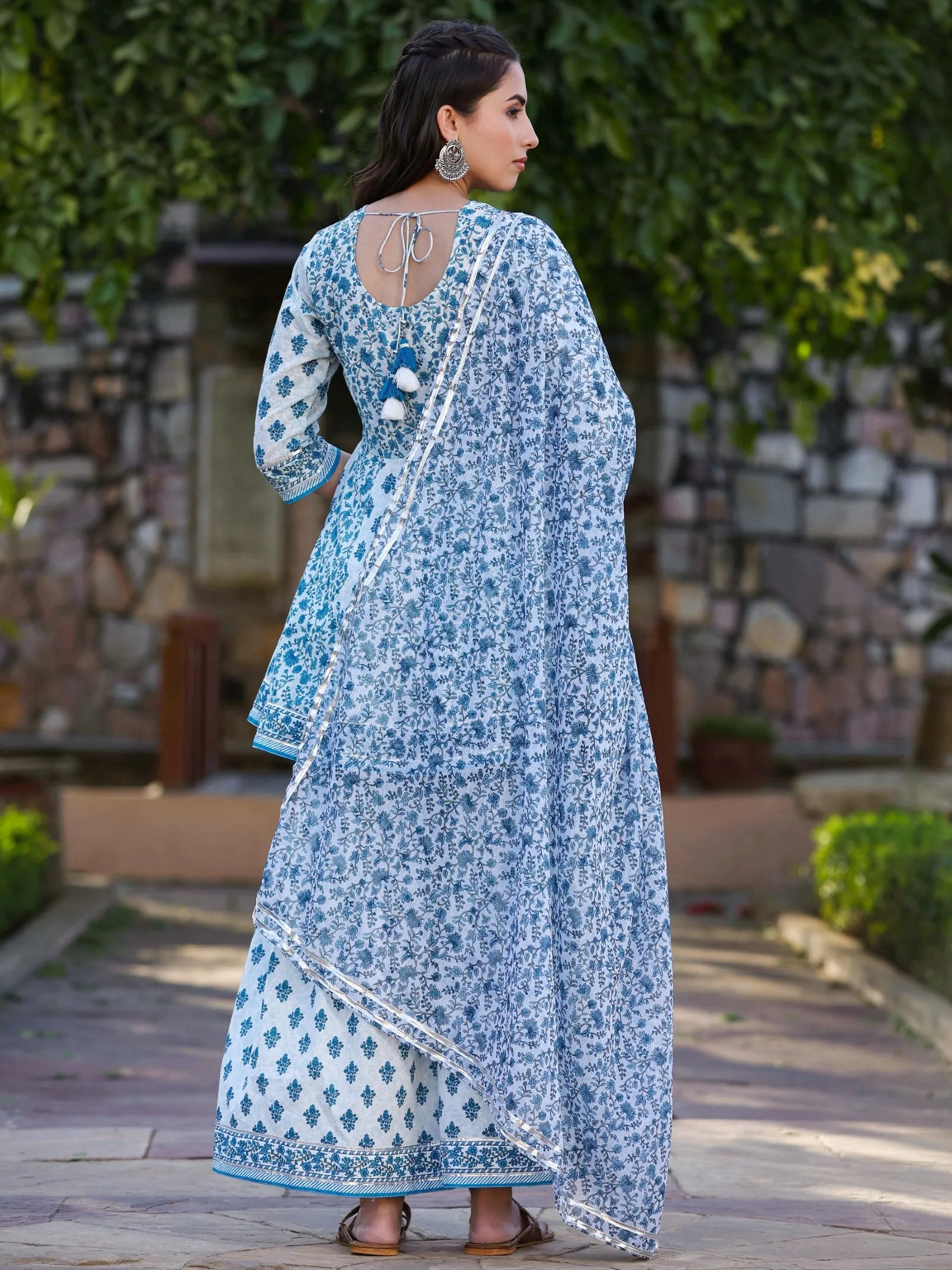 Blue Cambric Printed  Flared Kurta Sets