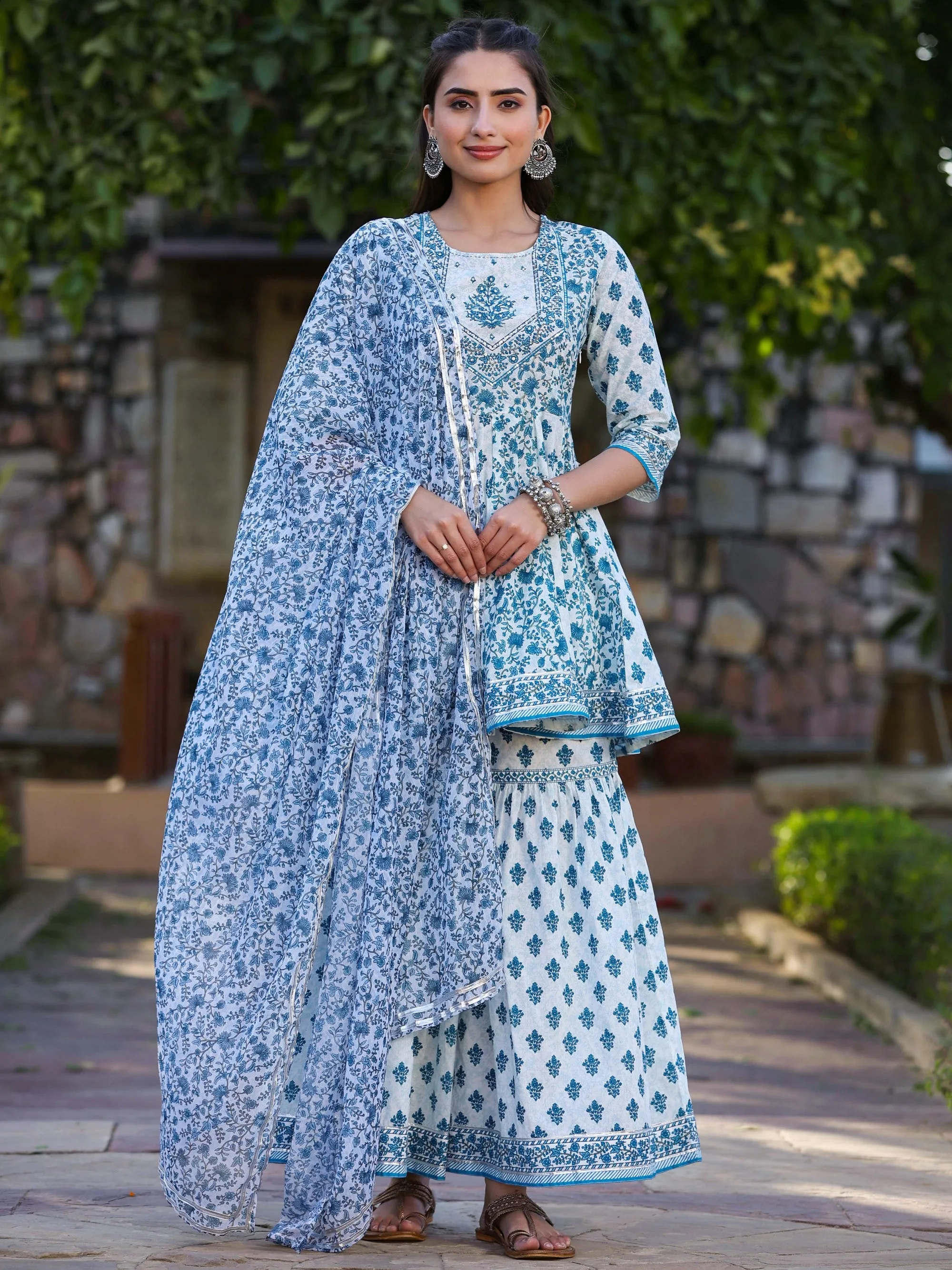 Blue Cambric Printed  Flared Kurta Sets