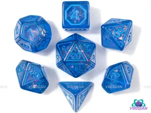 Blue Magic Stone | Blue Translucent, Frame Design, Holographic Film | Resin Dice Set (7)