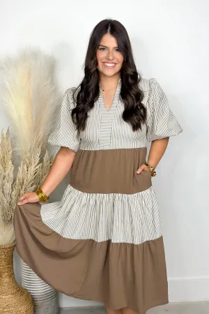 Brown Half Sleeve Striped Contrast Tiered Dress