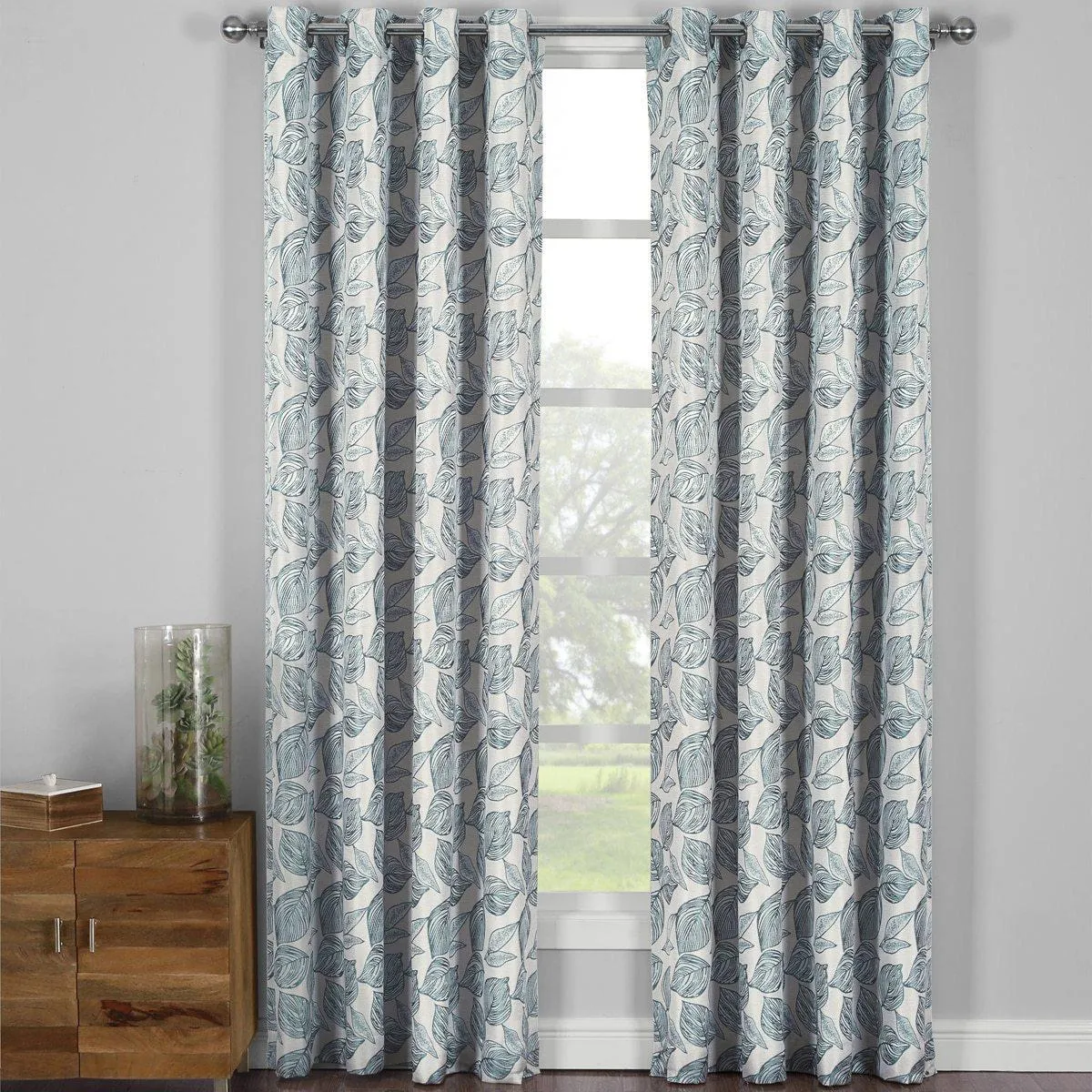 Catalina Leaf Swirl Jacquard Curtain Panels Grommet Top (Set of 2)