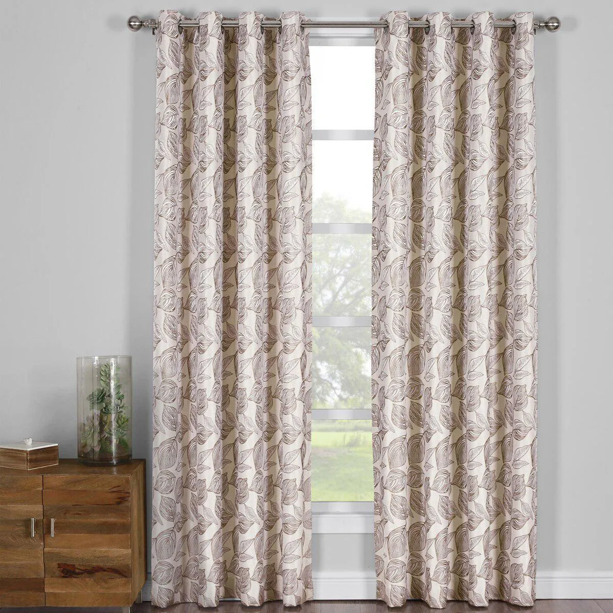 Catalina Leaf Swirl Jacquard Curtain Panels Grommet Top (Set of 2)