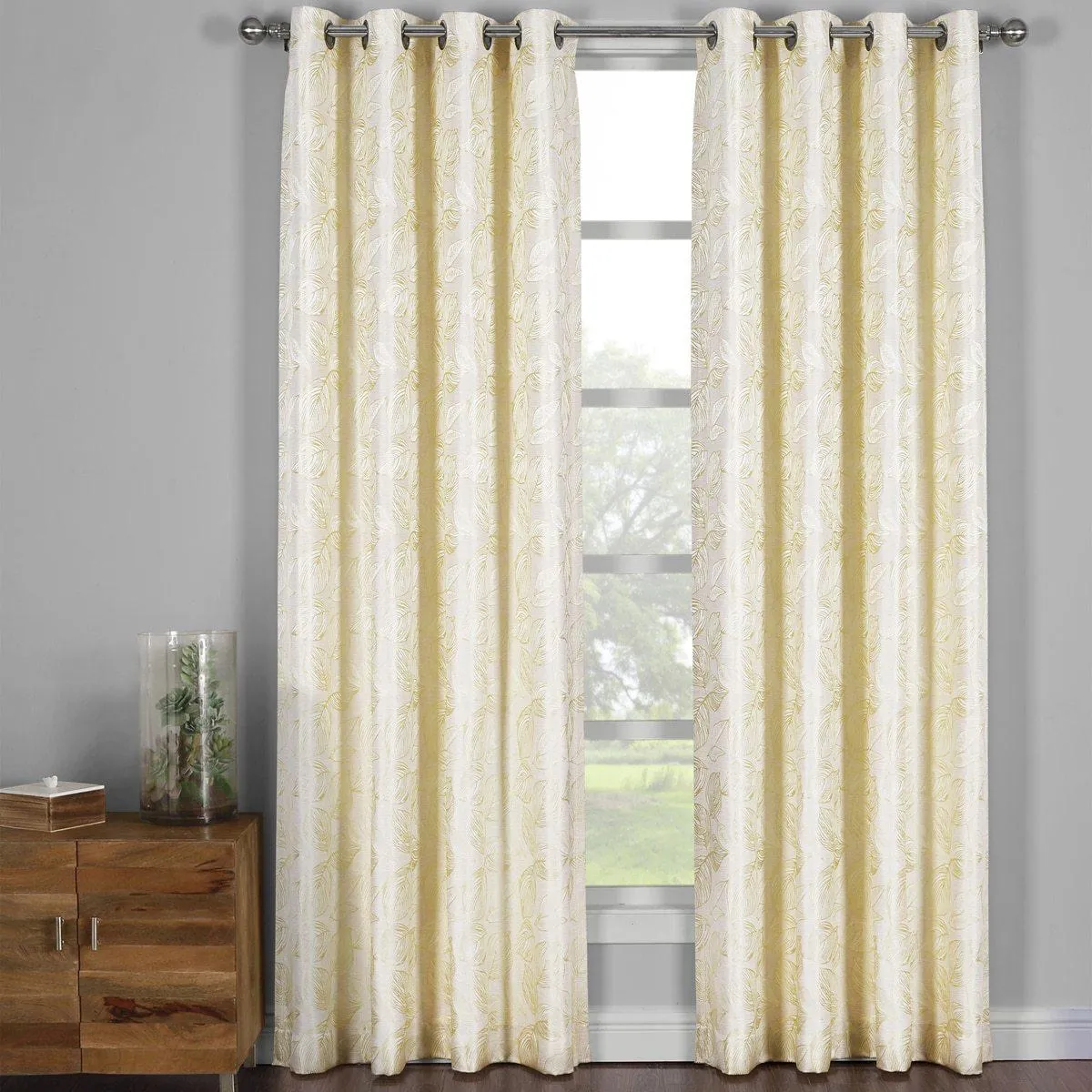 Catalina Leaf Swirl Jacquard Curtain Panels Grommet Top (Set of 2)