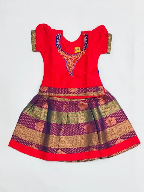 Charming Red Colored Embroidery Work Silk Langa Sets For Girls