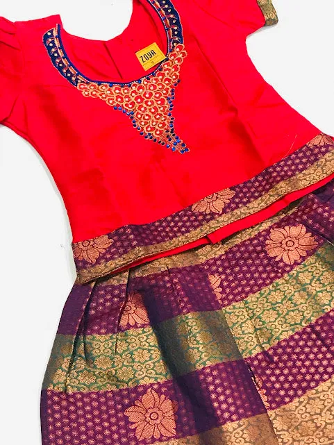 Charming Red Colored Embroidery Work Silk Langa Sets For Girls