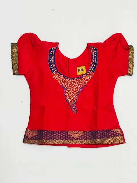 Charming Red Colored Embroidery Work Silk Langa Sets For Girls