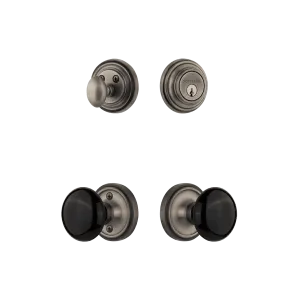 Classic Rosette Entry Set with Black Porcelain Knob in Antique Pewter