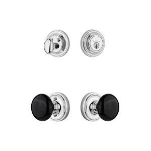 Classic Rosette Entry Set with Black Porcelain Knob in Bright Chrome