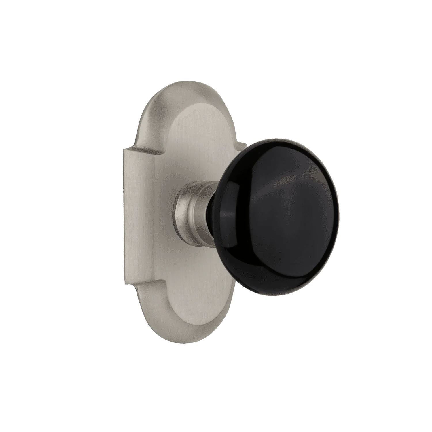 Cottage Short Plate with Black Porcelain Knob in Satin Nickel