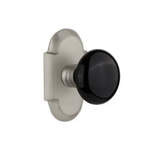 Cottage Short Plate with Black Porcelain Knob in Satin Nickel