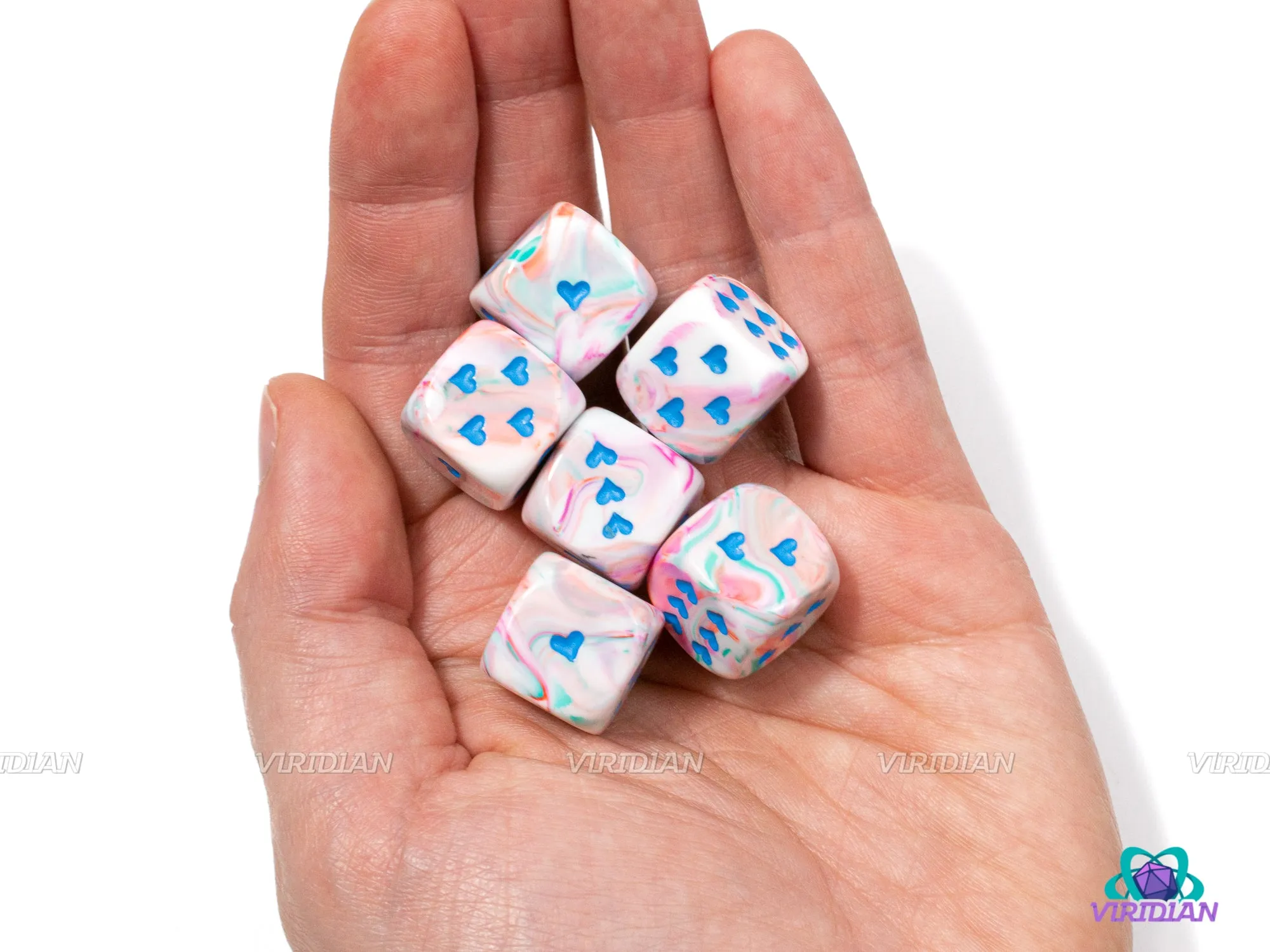 Festive Pop Art & Blue  | Set of (6) 16mm Heart Pipped D6s  | Chessex