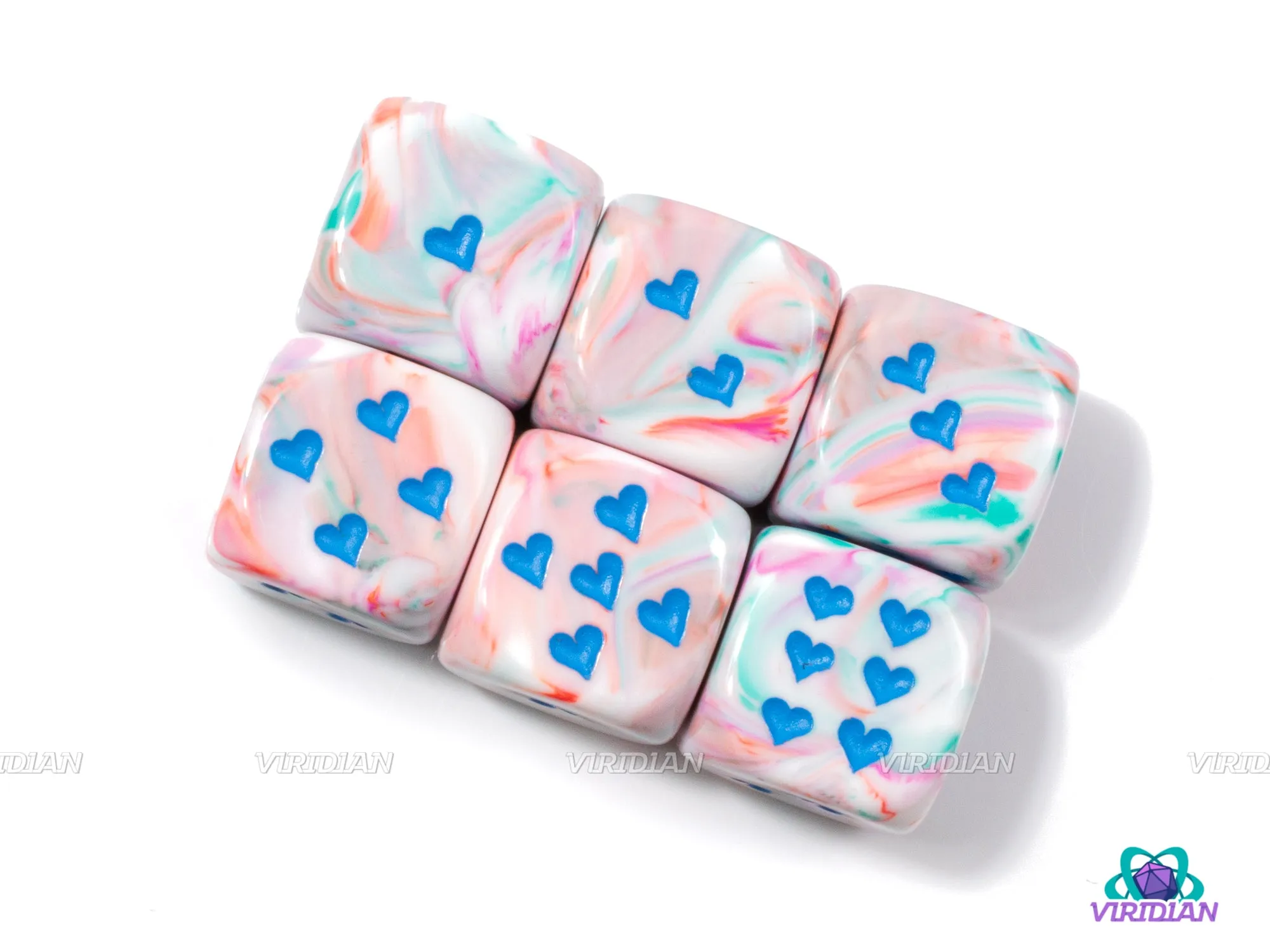 Festive Pop Art & Blue  | Set of (6) 16mm Heart Pipped D6s  | Chessex