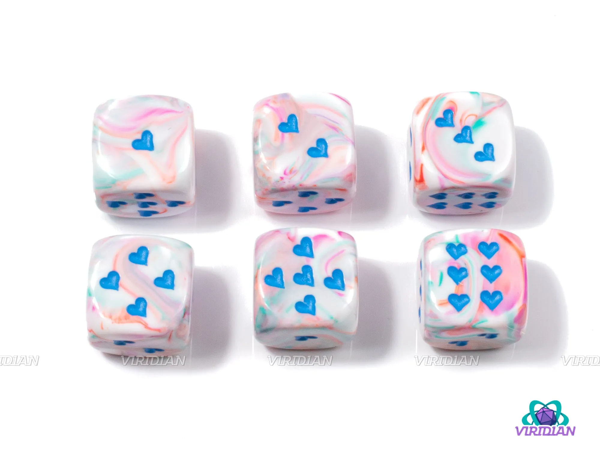 Festive Pop Art & Blue  | Set of (6) 16mm Heart Pipped D6s  | Chessex