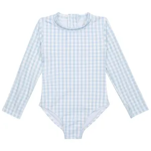 Girls Long Sleeve Surf Suit (One Piece Bodysuit) | "Blue Gingham"