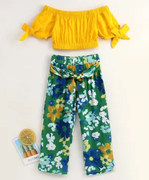 Girls Mustard Yellow Green Solid Bardot Top With Floral Print Trousers