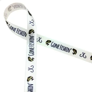 Gone Fishin' Ribbon printed on 5/8" antique white single face satin