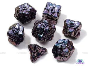 Hollow Color Shift Flower | Dark Blue-Purple Color-Shift Brushed | Metal Dice Set (7)