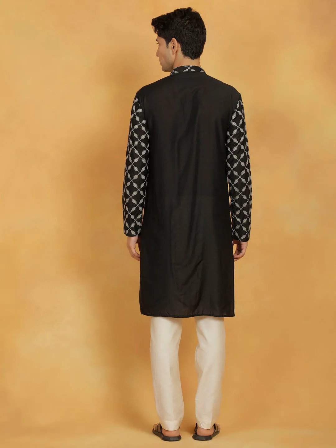 Jashvi Men's Black And Cream Cotton Blend Kurta And Pyjama Set