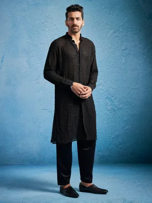 Jashvi Men's Black Georgette Kurta Pyjama Set