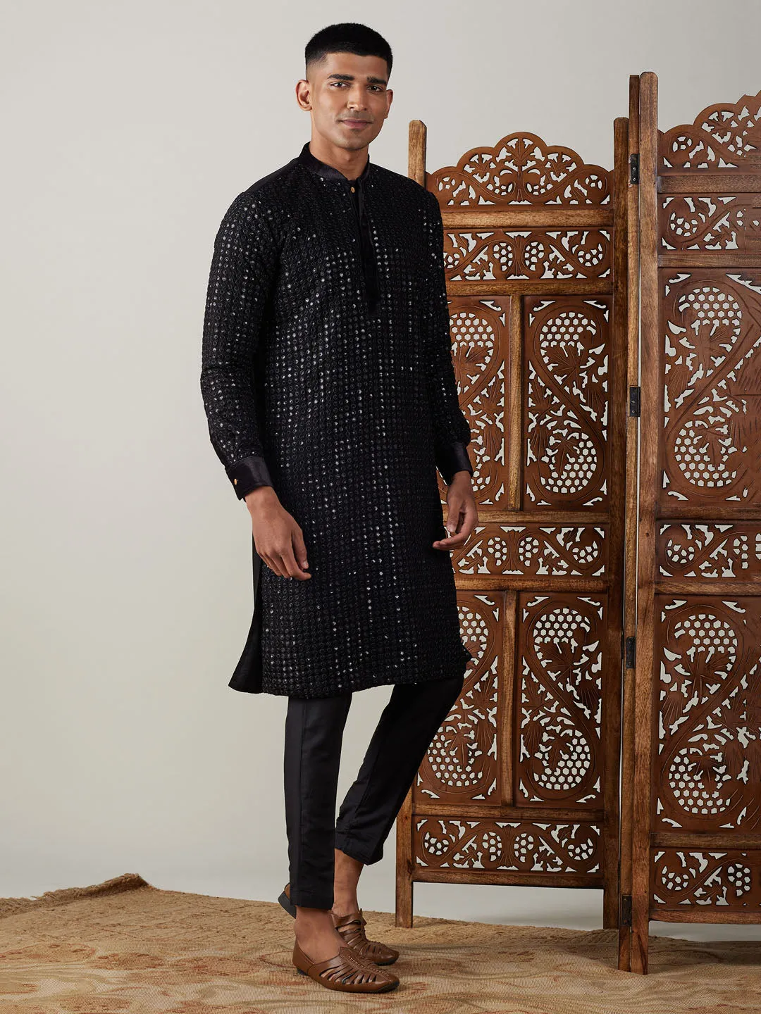 Jashvi Men's Black Mirror Georgette Kurta Pant Set