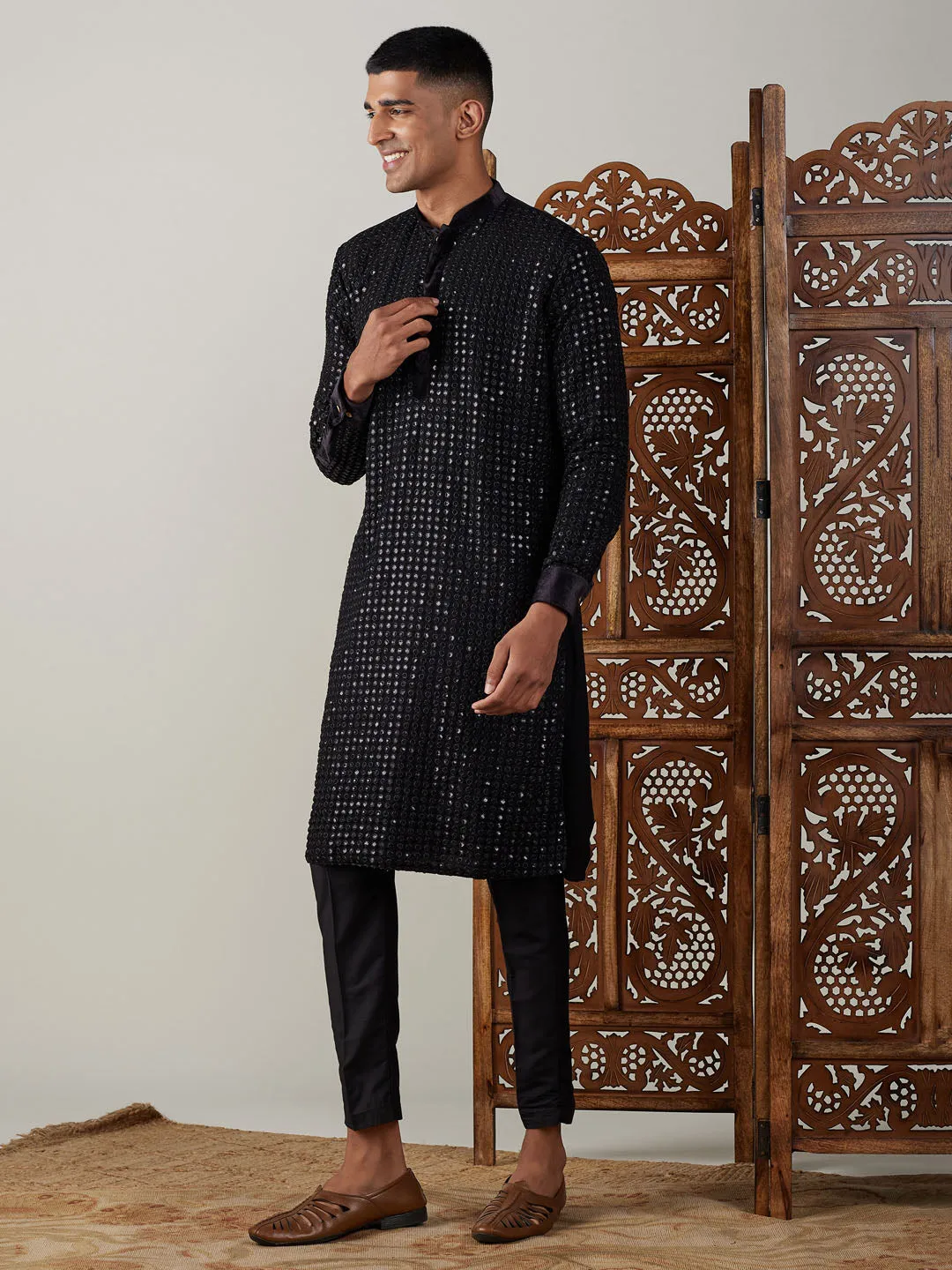 Jashvi Men's Black Mirror Georgette Kurta Pant Set