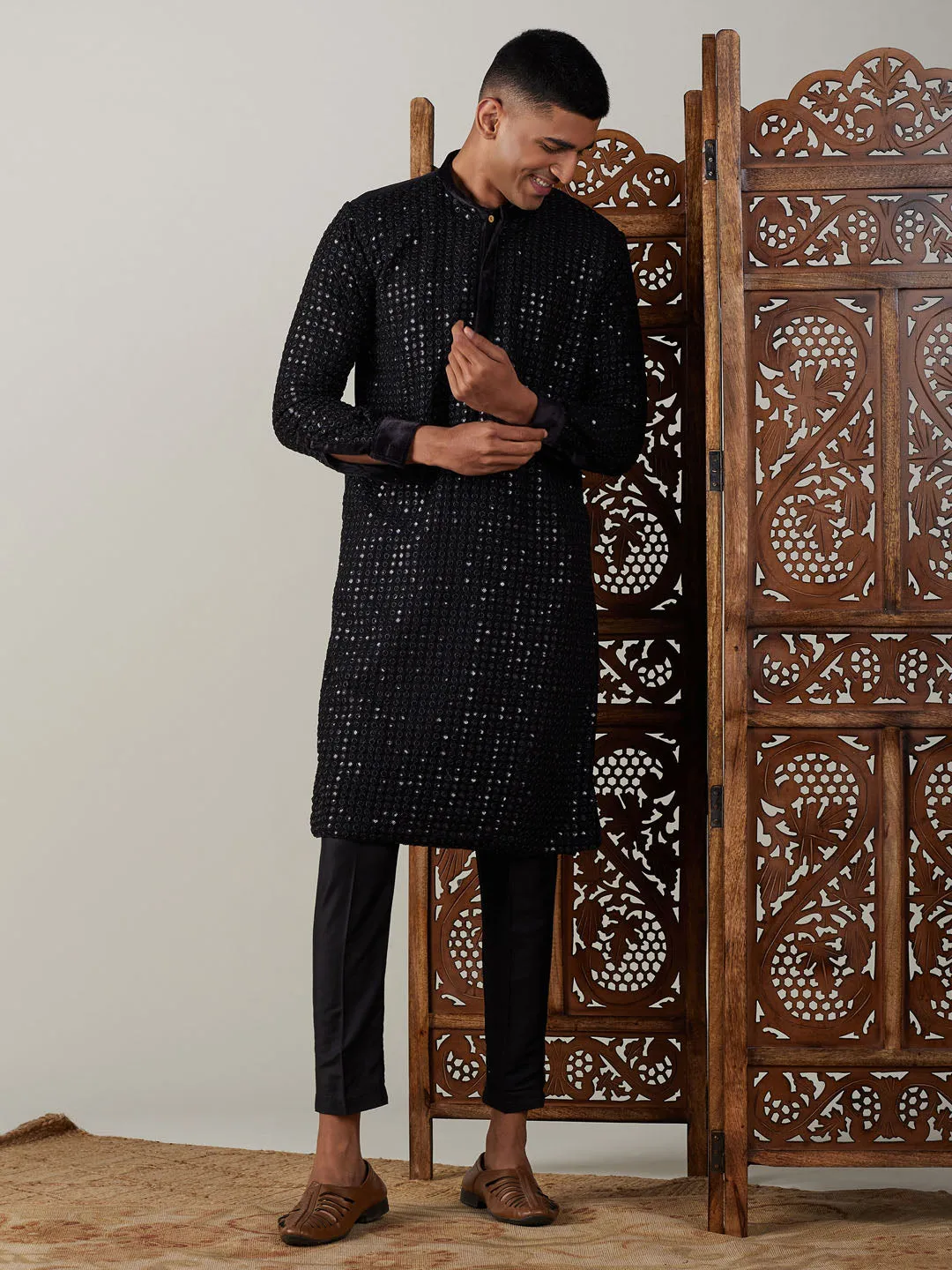 Jashvi Men's Black Mirror Georgette Kurta Pant Set