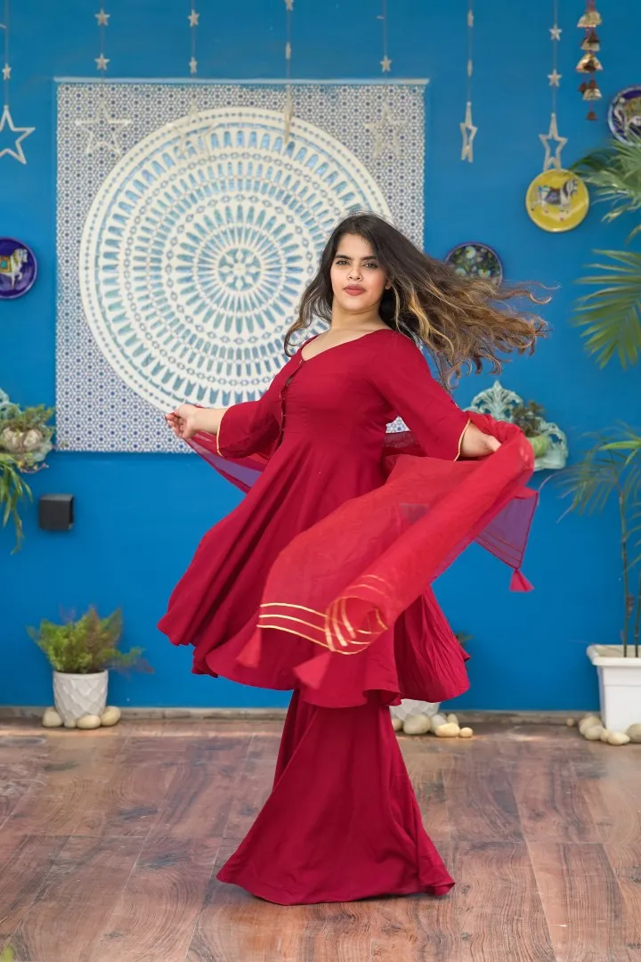 MAROON MADHURA KURTA WITH SHARARA