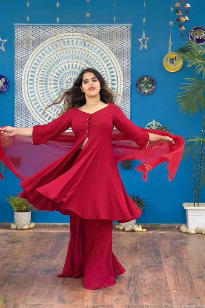 MAROON MADHURA KURTA WITH SHARARA