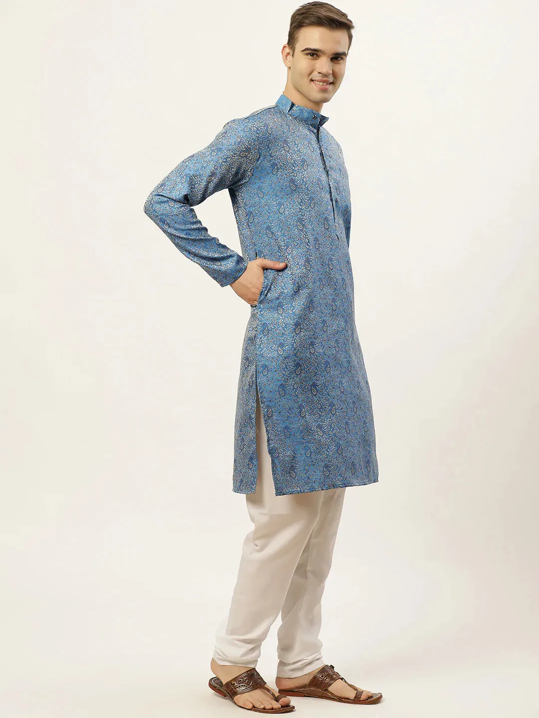 Men'S Blue Printed Jacquard Kurta Payjama Sets