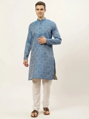 Men'S Blue Printed Jacquard Kurta Payjama Sets