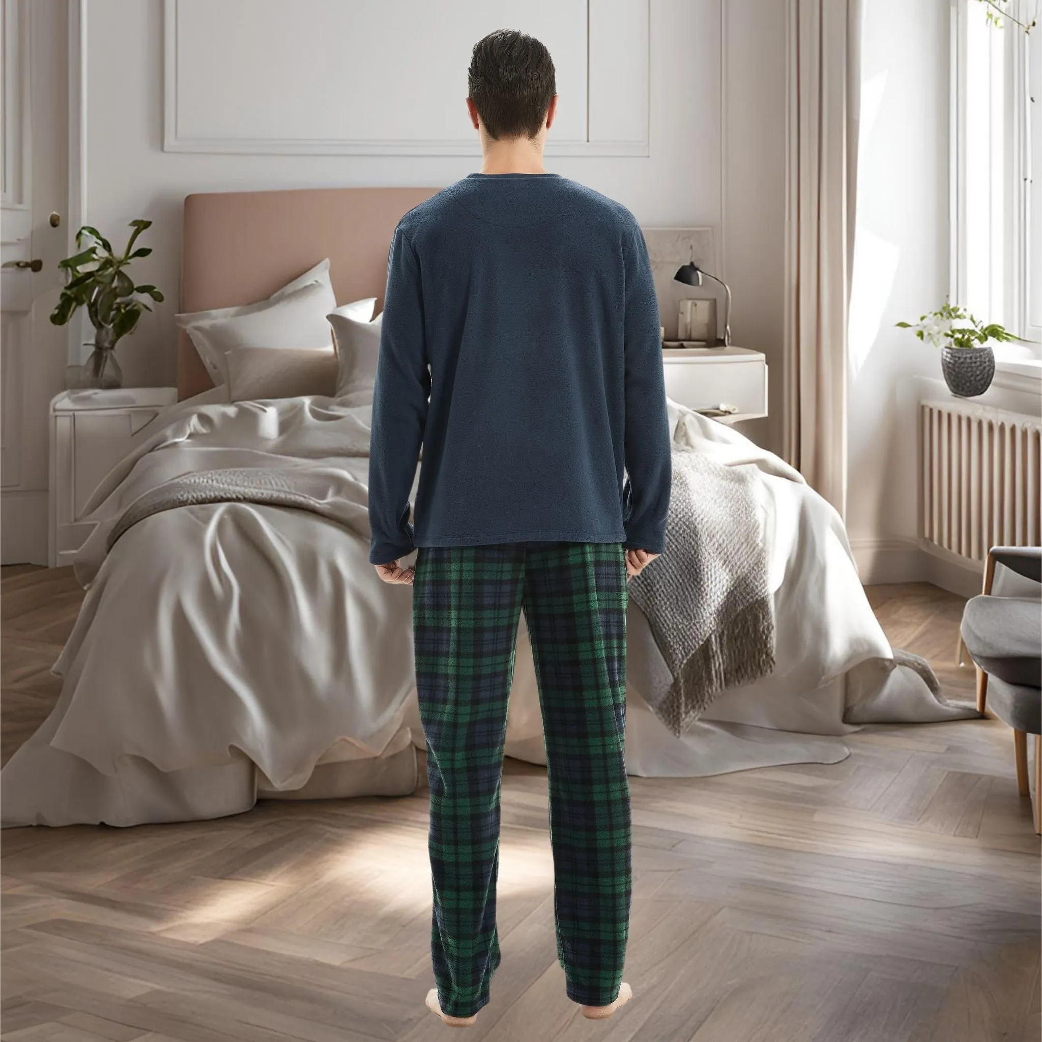 Mens Pyjamas Long Sleeve Set Fleece Green Checkered Pjs