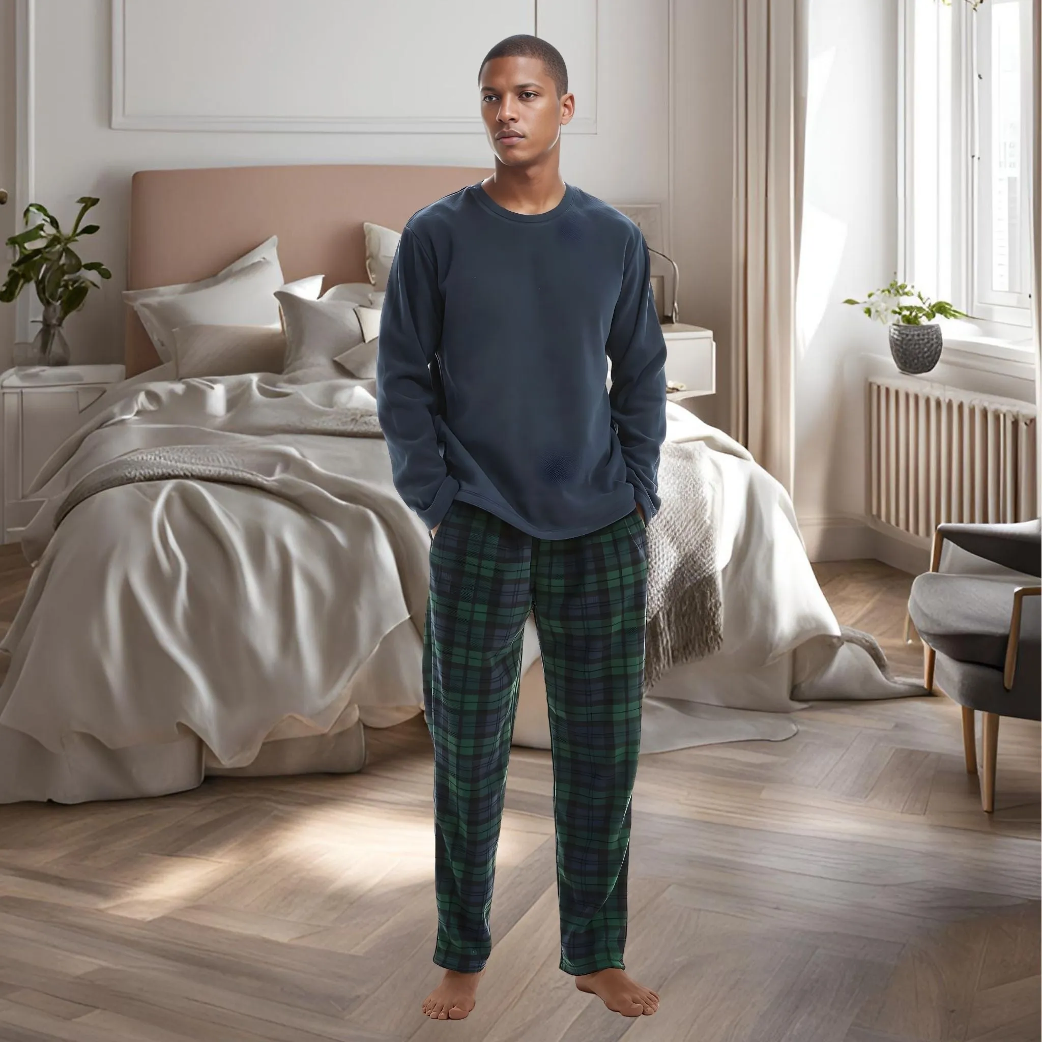 Mens Pyjamas Long Sleeve Set Fleece Green Checkered Pjs