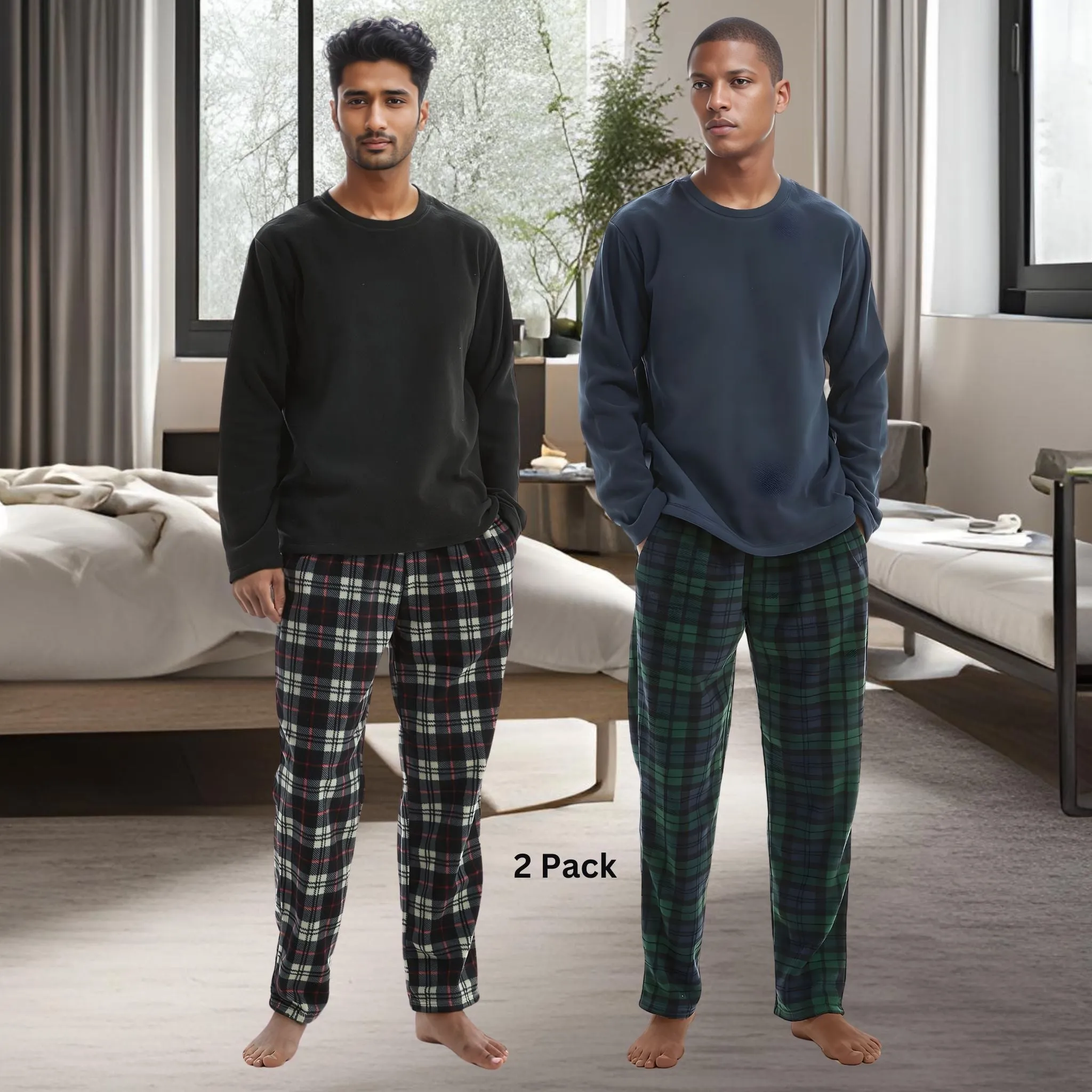 Mens Pyjamas Long Sleeve Set Fleece Green Checkered Pjs