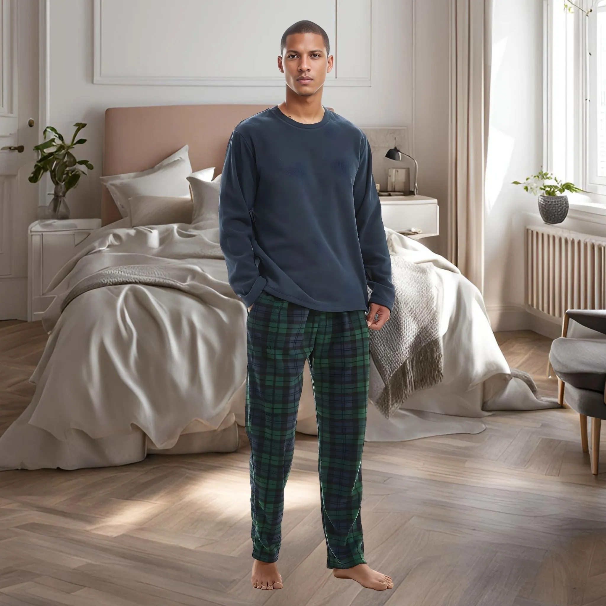 Mens Pyjamas Long Sleeve Set Fleece Green Checkered Pjs