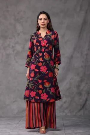 Navy Blue Floral & Striped Kurta with Palazzo