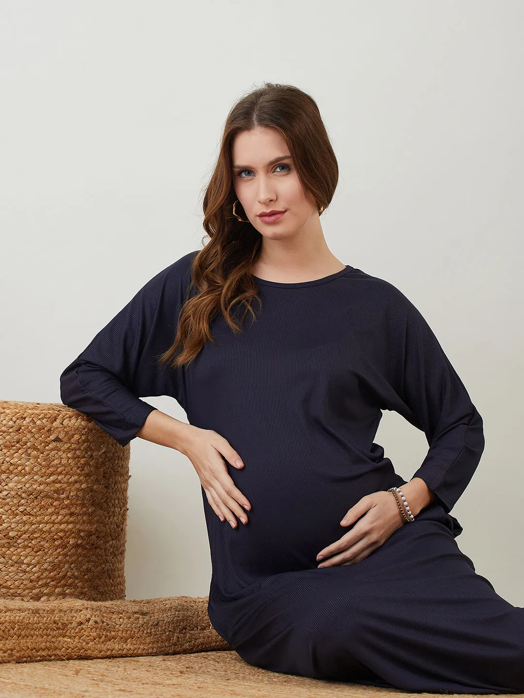 Navy Blue Rib Maternity Dress