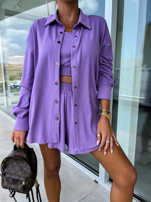 New Women's Casual Three-Piece Suit  Vacation Loose Pocket Shorts Sets