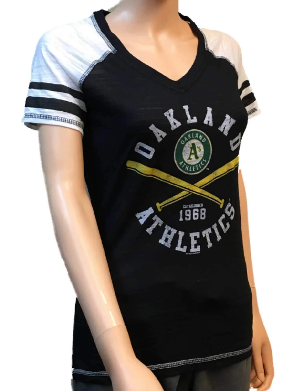 Oakland Athletics SAAG Women Black Light Baseball Tri-Blend V-Neck T-Shirt