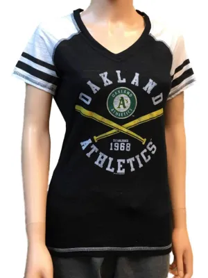 Oakland Athletics SAAG Women Black Light Baseball Tri-Blend V-Neck T-Shirt