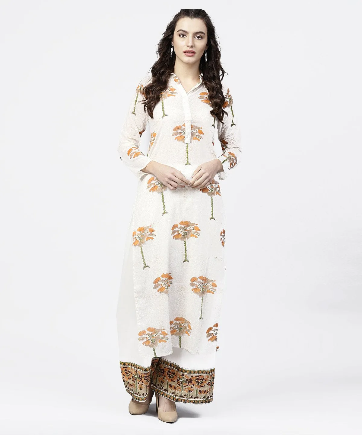 Off White Printed 3/4Th Sleeve Straight Kurta With Printed Palazzo Set