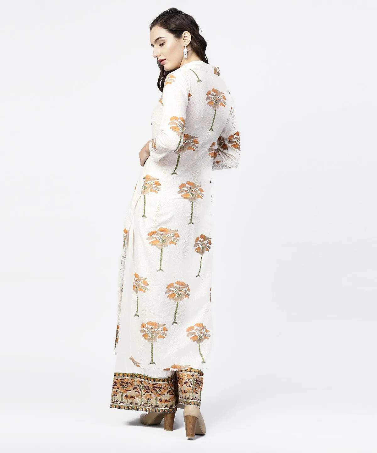 Off White Printed 3/4Th Sleeve Straight Kurta With Printed Palazzo Set