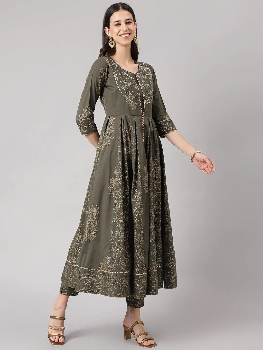 Olive Green Hand Block Cotton Kurta Pant Set With Dupatta