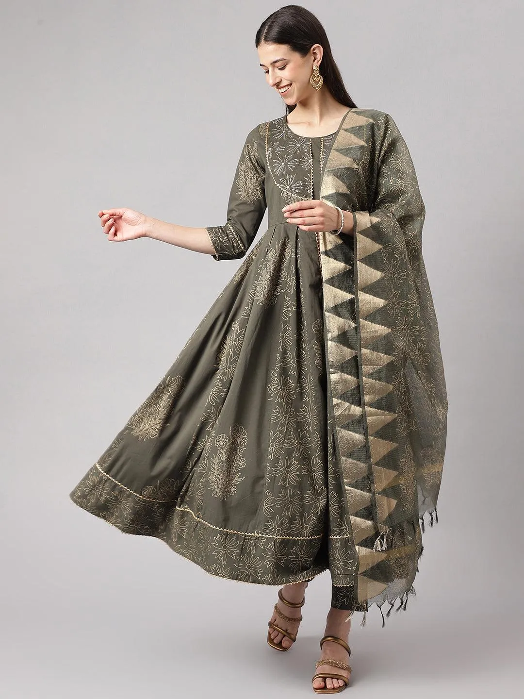 Olive Green Hand Block Cotton Kurta Pant Set With Dupatta