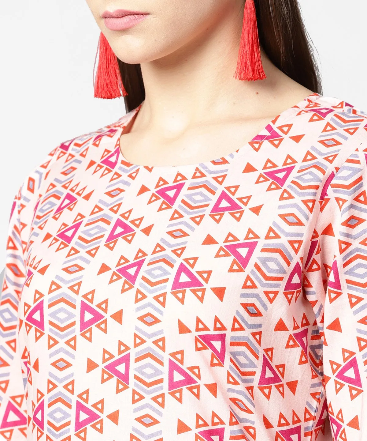 Peach Printed Half Sleeve Cotton Kurta With Ankle Length Printed Pant