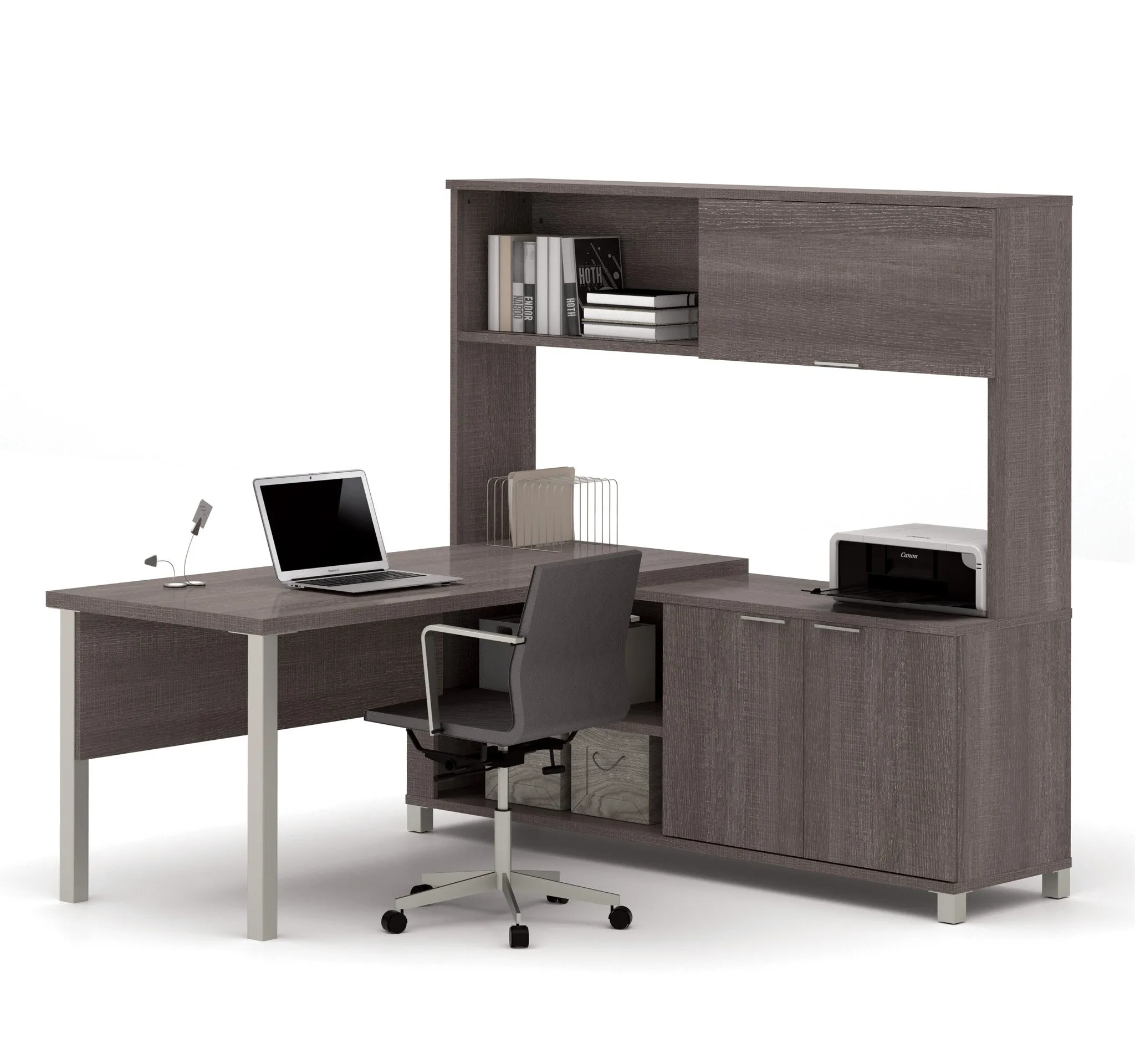 Premium Modern L-shaped Desk with Hutch in Bark Gray