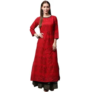 Red Printed 3/4Th Sleeve Cotton Kurta With Green Printed Palazzos