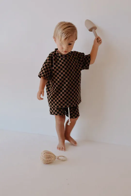 Ribbed Short Set | Black & Brown Checkerboard